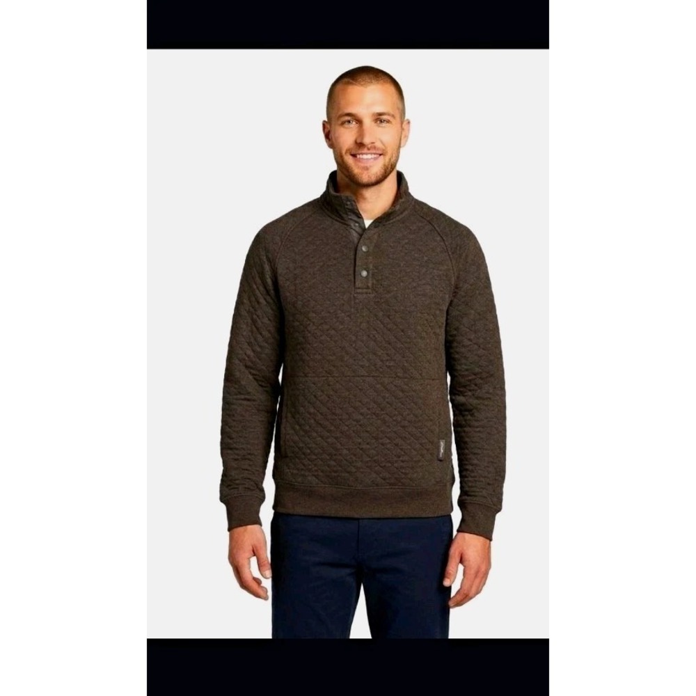 Eddie Bauer Mens Quilted Pullover Sweater Medium Brown 1/4 Snap Mock Neck Coat